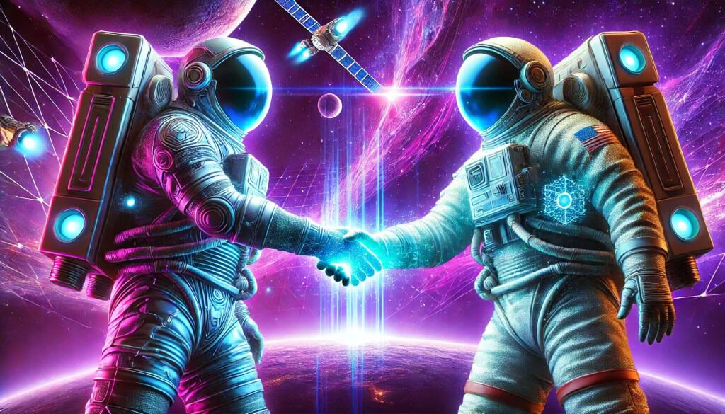 two astronauts in space, purple themed, and shaking hands